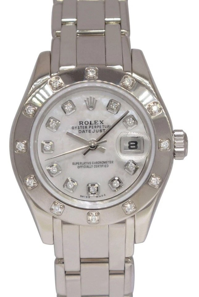 Reloj Rolex Datejust Pearlmaster oro blanco 18k MOP diamante damas 29 mm K 80319