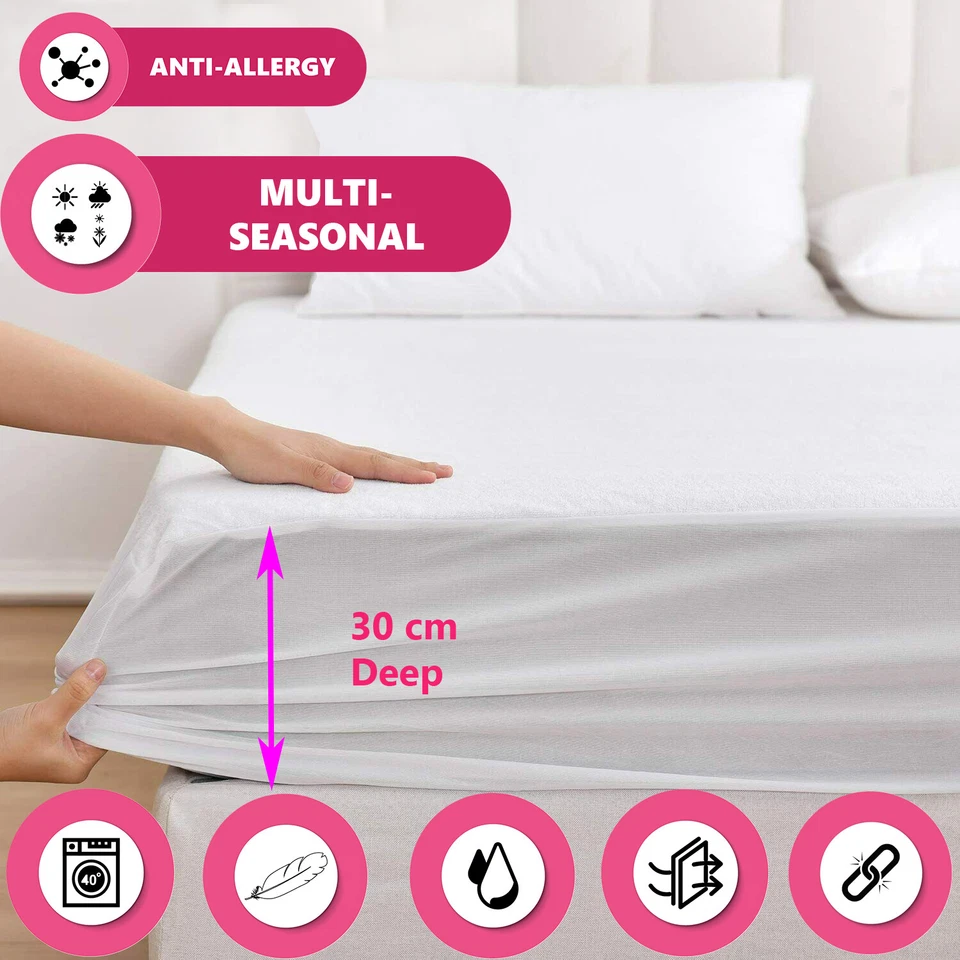 Waterproof Terry Mattress Protector Extra Deep Fitted Bed Sheet Cover Non Noisy