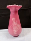 Fenton Rose Quartz Sand Carved Glass Vase w/ Girl Blowing Flower Petals 7 1/4"