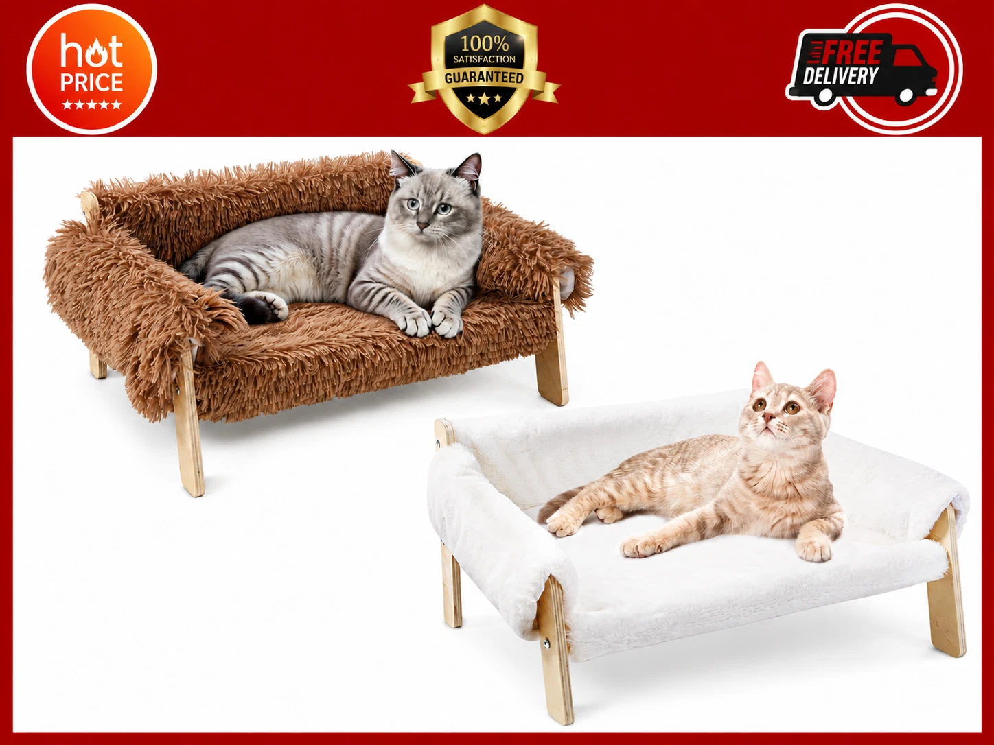 Raised Plush Cat Bed Wooden Leg Soft Pet Sofa Couch for Indoor Cats ,Small Dogs