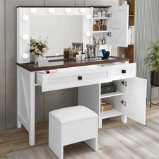 42'' Glass Tabletop Makeup Vanity Desk with Mirror & Lights Big Vanity Set