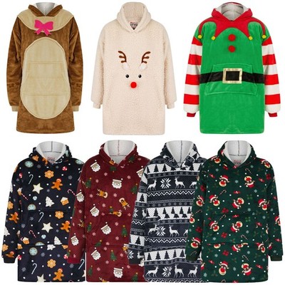 Weihnachtspullover Hoody Oversize Neuheit Fleece gefüttert Kapuze Oberteil Elfe Rentier