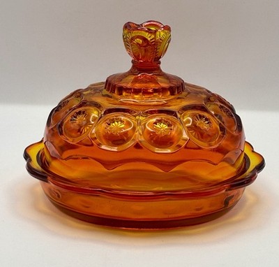 Vintage L.E. Smith Moon And Stars Bright Amberina Lidded Cheese Butter Dish