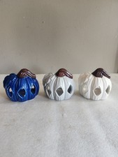 3 Ceramic Pumpkin-Shaped Candle Holders   Blu...