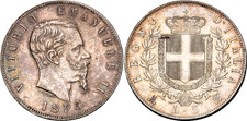 MONETA Italia 5 Lire 1875 M BN KM# 8,3 Argento Vittorio E. II AUNC tonalità incredibile