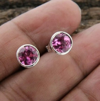 Daily Wear Round Cut Lab Created Pink Sapphire Diamond Stud 925 Sterling Silver
