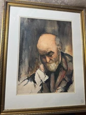 Large Vintage "A Portrait Of An Elderly Man" Watercolor Painting - Framed