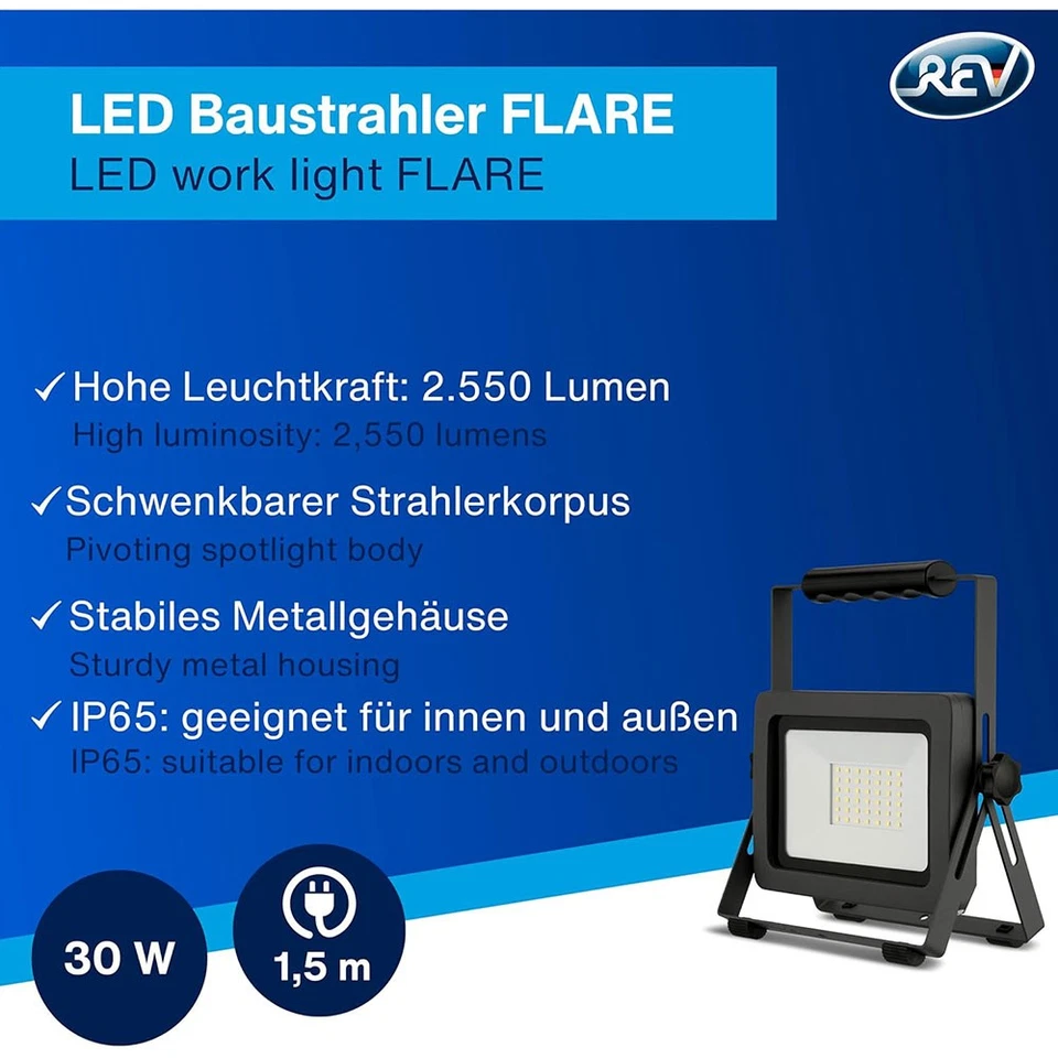 REV LED Arbeitsleuchte Fluter Baustrahler IP65 30W kaltweiß Ständer KabelStecker - Bild 3 von 4