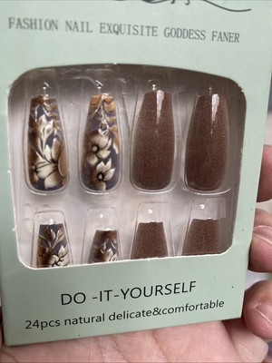 Long 24 Pc Brown Cream Flower Blossom Nail Tips Boxed Glue & Tabs Nails