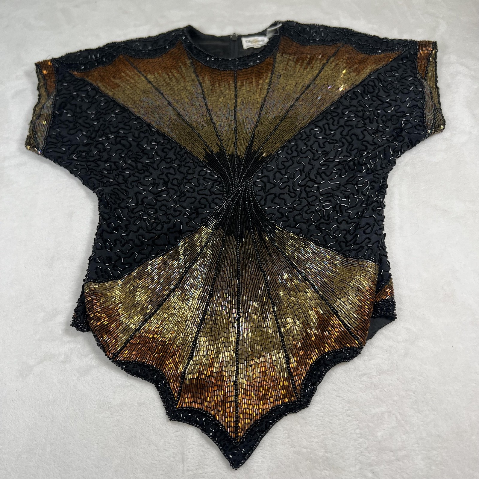 Vintage Oleg Cassini Shirt Womens Small Black Gold Beaded Silk Evening Top 80s