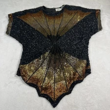 Vintage Oleg Cassini Shirt Womens Small Black Gold Beaded Silk Evening Top 80s