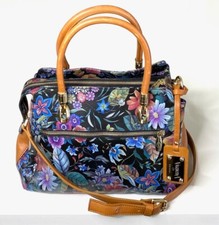 Valentina Italy Black Brown Floral Print Leather Crossbody Tote Top Handle Bag
