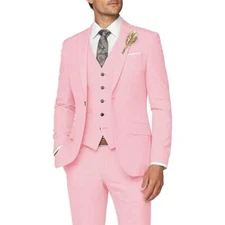 Wangyue Men Suit Slim Fit 3 Piece Checked Suits in Pink, Size M