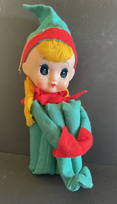 11'' Knee Hugger Striped Christmas Elf Ornament Japan Shelf Sitter Blond Braids