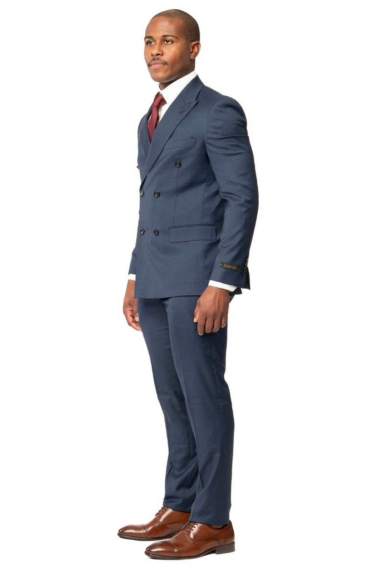 Navy Blue Slim Fit 2 Button Double Breasted Peak Lapel Solid Men's