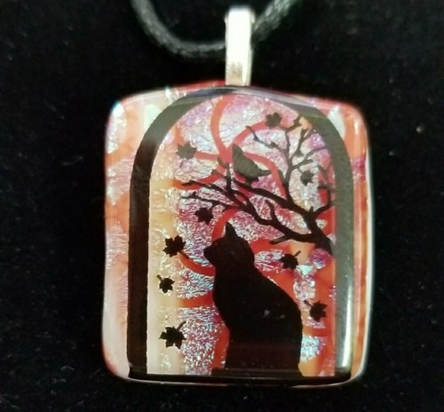 Glass Cat fused artisan necklace fall orange leaves black cat archway handmade - Picture 5 of 12