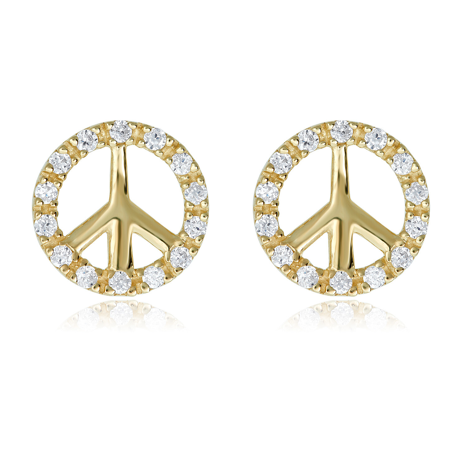 AVORA 10K Yellow Gold Peace Sign Cubic Zirconia CZ Stud Earrings