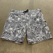 J Crew Flex Swimwear Board Shorts Mens 35 Gray White floral lined mesh 9" Inseam