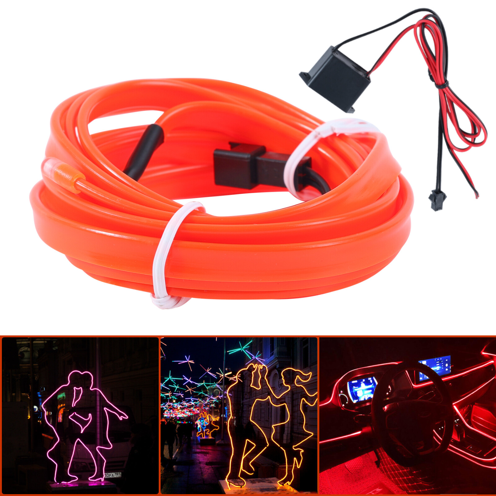 12V_Car Interior LED Strip Lights Ambient Lighting RED Neon Dash Glow Tube 2M