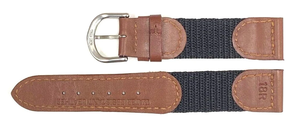 Pulseira de relógio marrom/preto couro e tecido, ajuste de náilon relógios Timex tamanho 18mm, 19mm - Imagem 3 de 3