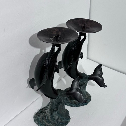 Vintage MCM Verti Gras Brass Cast Iron Dolphin Candlestick Holders Pair 9x14” - Picture 6 of 16