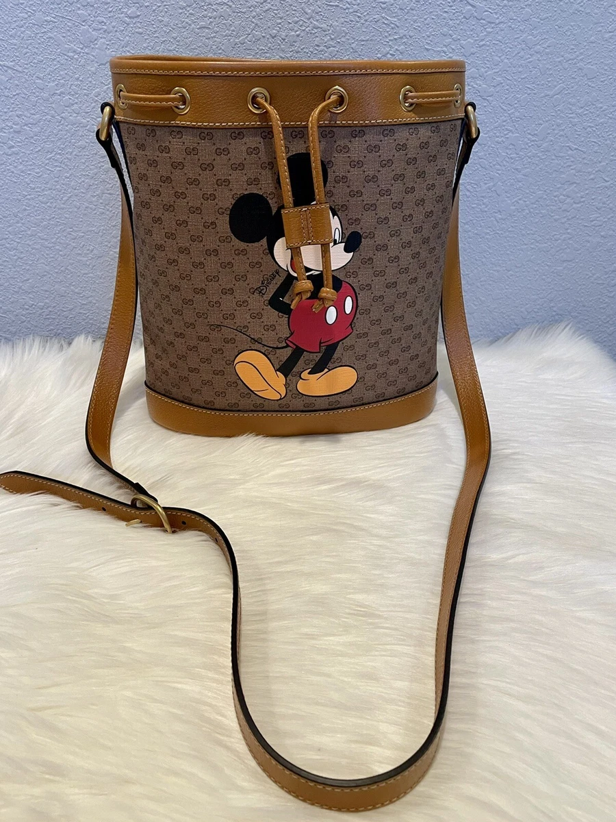 Gucci x Disney Mickey Mouse Print Canvas Leather Bucket Shoulder Bag