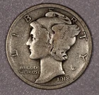 1918-D "Mercury" Silver One-Dime Coin, Very Good