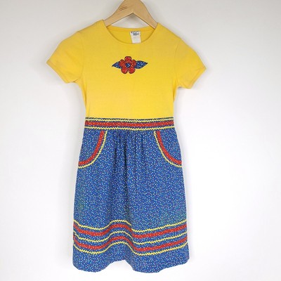 Vintage 70s Cinderella Girls Dress 12 Yellow Blue Floral Short Sleeve READ