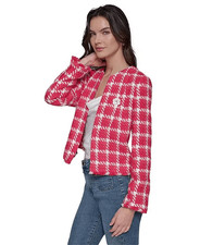 Karl Lagerfeld Paris Open Front Plaid Chic Tweed Jacket Teaberry/White 10 Petite