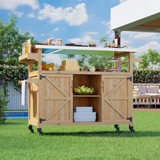 Outdoor Grill Cart Storage Cabinet Farmhouse Solid Wood Kitchen Island w/Wheels