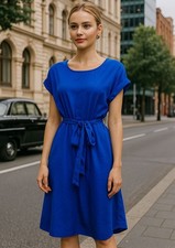New Pink Rose Sm Dress Classic Knee length Belted Short-sleeve A-line Navy Blue