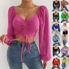 UK Women Beach Summer Low Cut Crop Tops Drawstrings V Neck Stretch Shirts Blouse