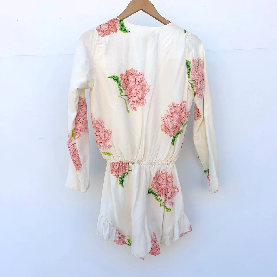 Romper de seda Stone Cold Fox branco floral manga longa noiva pequeno profundo V - Imagem 4 de 4