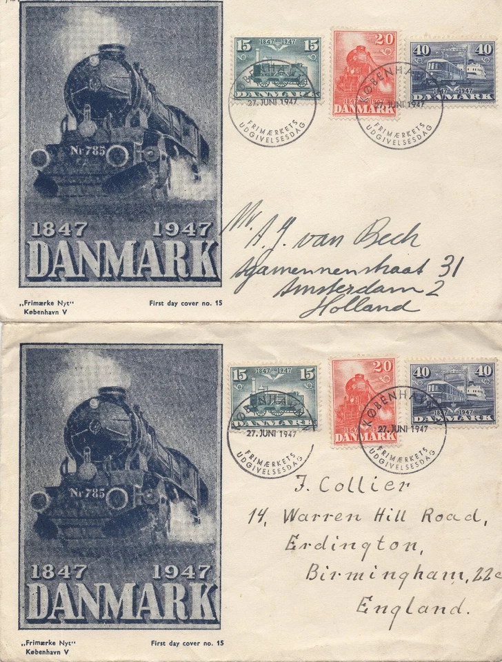 Denmark 1947 - Danish Railways Centennial - 2 x FDC postal used - very nice! - Image 3 of 3