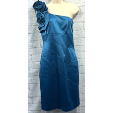 Untold Satin Pencil Dress Teal Blue Size 10 One Shoulder Floral Rosette Party