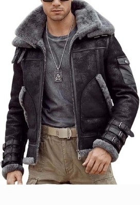 Men B3 Bomber RAF Pilot Flight Grey Fur Sheepskin Shearling Black Leather Jacket