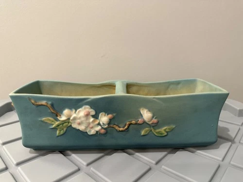 Roseville Apple Blossom Blue 1949 Vintage Art Pottery Window Box Planter 369-12