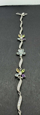 925 Sterling Silver DL Prime Art Jewels Multi Stone Flower Butterfly Bracelet 7''