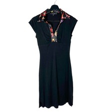 Vintage 90s Rampage Black Fit Flare Asian Print Trim Collared Knee Length Dress