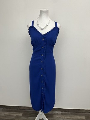 C Women s Sheath Ruffle Dress Sleeveless Blue Large Button Down V Neck Lining