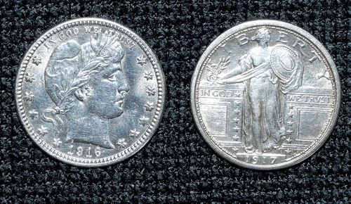 1916-D BARBER QUARTER & 1917 STANDING LIBERTY QUARTER LOT OF 2 SILVER QUARTERS