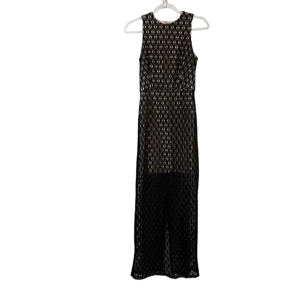 Shona Joy Crochet Lace Maxi Dress Size 6 Black Cut Out Sleeveless Slit Gown  | eBay