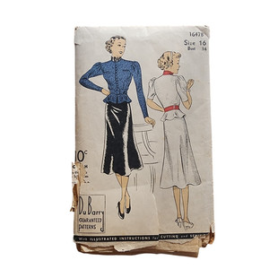 Vintage 1930s Sewing Pattern ORIGINAL Belted Peplum Dress Du Barry 1647B Bust 34
