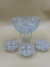 Clear Pressed Glass Serving Bowl, 8.5”,  Side Bowls 4.5”, Toothed Rim Ornate