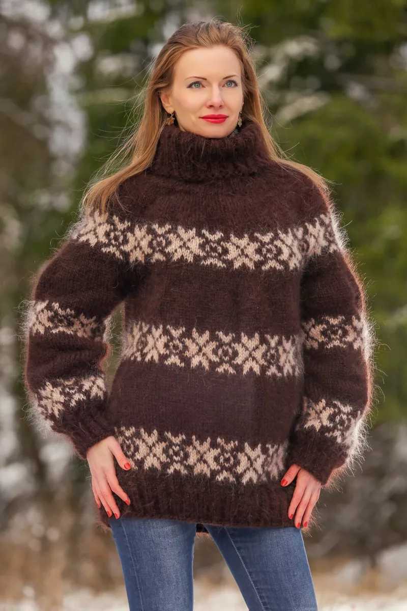 Brown Icelandic fuzzy mohair sweater soft Nordic handknit warm jumper SuperTanya
