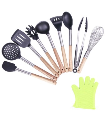Topstrive Küchenutensilien-Set mit Bonus-Kochhandschuh (10-teilig) Naturholzlasur