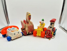 4 Vtge Fisher Price Toys Clown Jalopy Clucking Hen Catch Up Train Chatter Phone