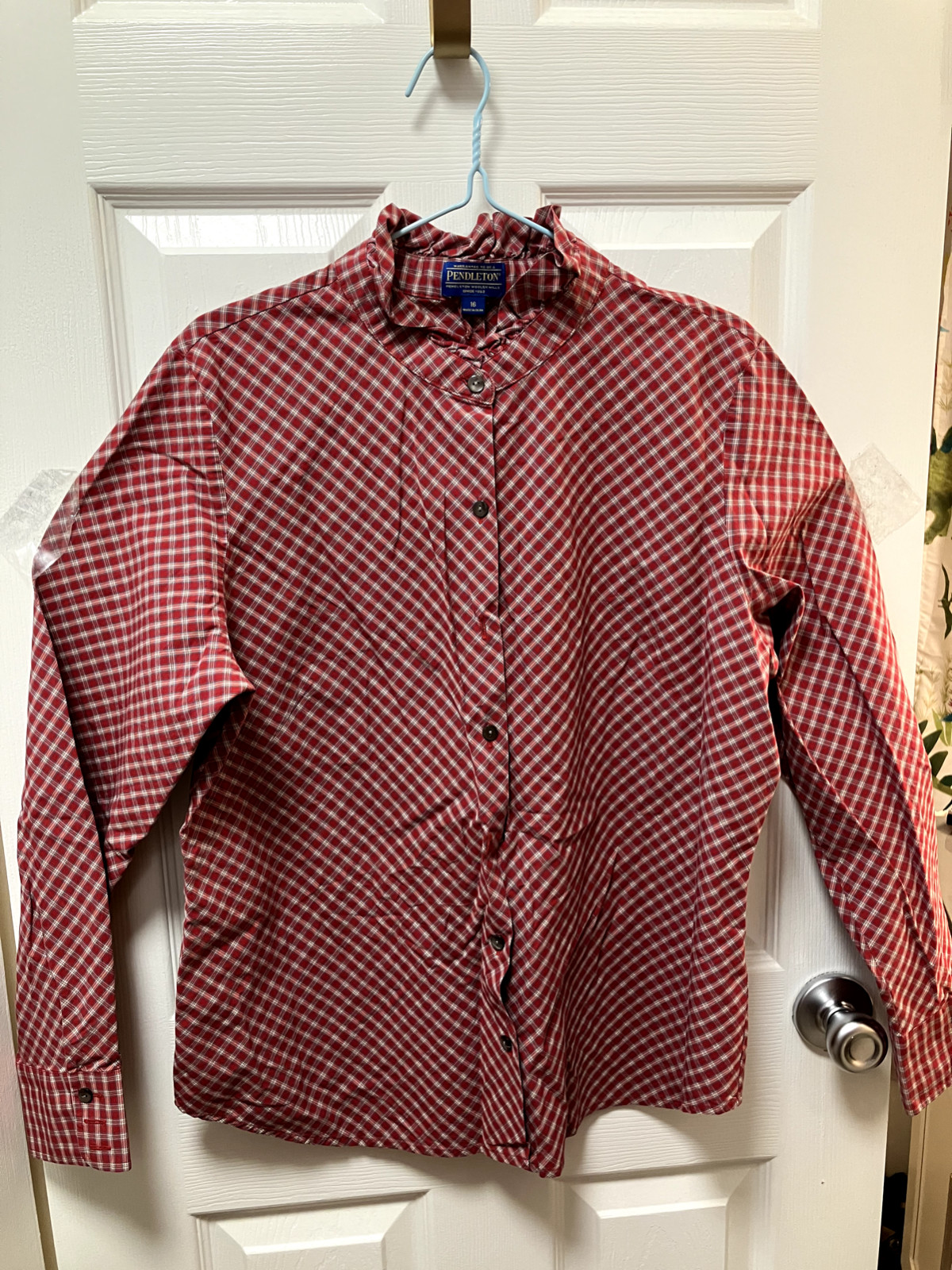 Pendleton 16 red plaid ruffle neck button front l… - image 1