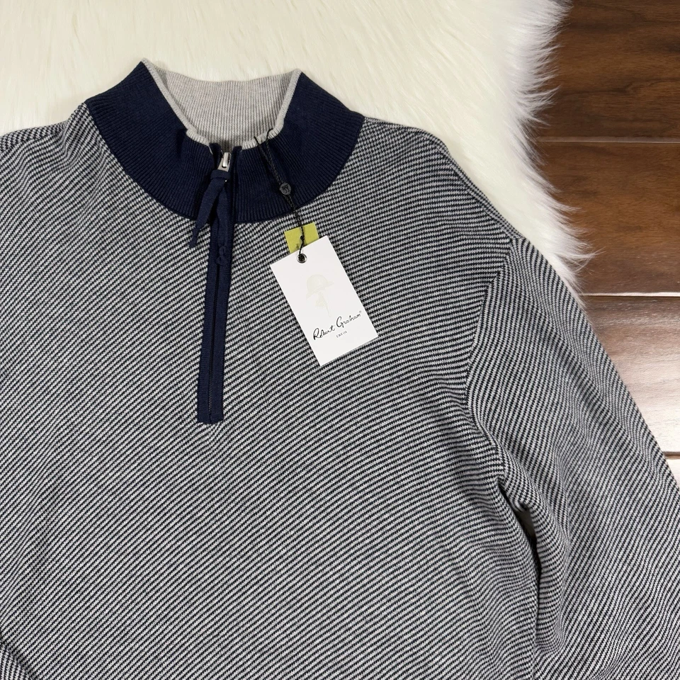 Suéter Pullover Robert Graham Para Hombre Talla Grande Azul Rayas Calabria Cuarto Cremallera Foto 2 de 4