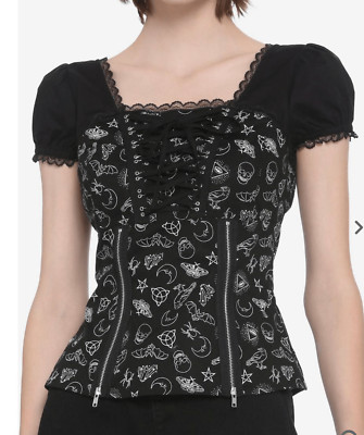 Hot topic Black & White Magic Symbols Zipper & Lacing Top Medium Corset Mystical